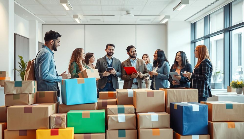 Photorealistic image of a group of people standing in a delivery service office, with a variety of delivery boxes and packages in the foreground. The office is well-lit, with a modern, clean interior design featuring minimalist furniture and decor. The people are engaged in conversation, discussing delivery options and customer reviews. The scene conveys a sense of efficiency, professionalism, and attention to customer satisfaction. The overall mood is calm and reassuring, suggesting a reliable and trustworthy delivery service.